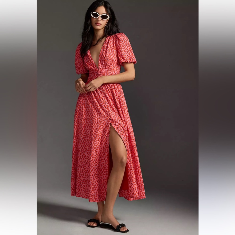 NWOT by Anthropologie The Katerina Lurex Pink Button Front Maxi Dress Floral 8